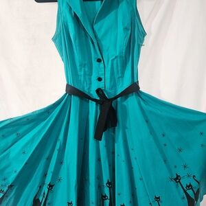 Medium Heart Of Haute Atomic Cats Button Down Collared Belted Swing Dress